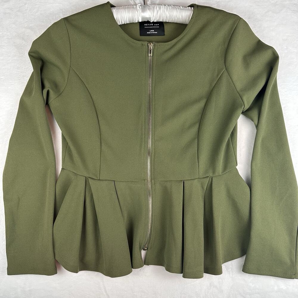 Active USA Womens L Olive Green Peplum Blouse Full Zip Long Sleeve Stretch Top